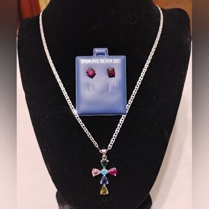 .925 Silver Set - 20" Mariner Chain, Gemstone Cross, & Earrings
